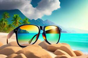 des lunettes de soleil sur une tropical plage génératif ai photo