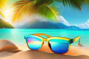 des lunettes de soleil sur une tropical plage génératif ai photo