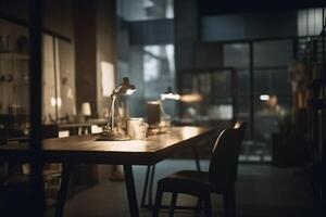 flou Bureau espace de travail dans le soir intérieur. ai généré photo