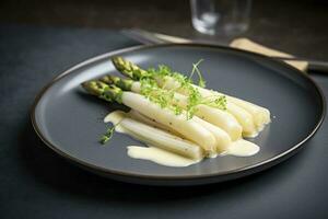 moderne style traditionnel à la vapeur blanc asperges avec guéri jambon et Hollandaise sauce servi comme Haut vue sur une nordique conception assiette avec copie espace, produire ai photo