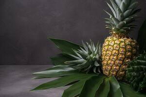 Frais ananas avec tropical feuilles sur gris Contexte. , produire ai photo