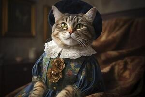 chat habillé dans ancien vêtements dans victorien style, portrait dans le style de le 19e siècle, marrant mignonne chat dans Humain vêtements. ai généré image. photo