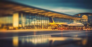 aéroport bâtiment, international Terminal, se précipiter gens à atterrir, flou Contexte - ai généré image photo