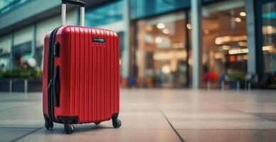 rouge valise, bagage à le aéroport - ai généré image photo