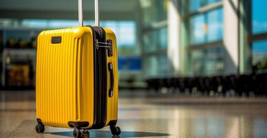 Jaune valise, bagage à le aéroport - ai généré image photo