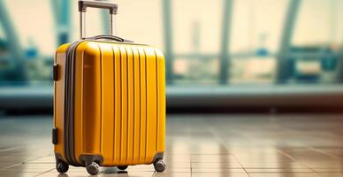 Jaune valise, bagage à le aéroport - ai généré image photo