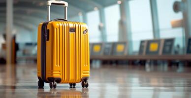 Jaune valise, bagage à le aéroport - ai généré image photo