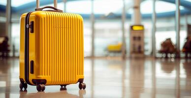 Jaune valise, bagage à le aéroport - ai généré image photo