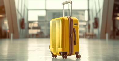 Jaune valise, bagage à le aéroport - ai généré image photo