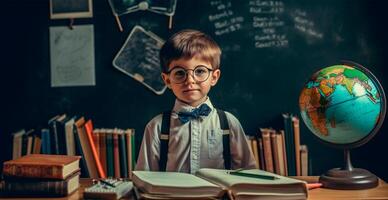 Jeune écolier apprentissage devoirs, retour à école - ai généré image photo