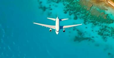 Haut vers le bas vue de blanc avion en volant plus de bleu mer, océan, voyage, vacances concept - ai généré image photo