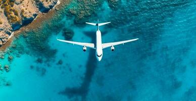 Haut vers le bas vue de blanc avion en volant plus de bleu mer, océan, voyage, vacances concept - ai généré image photo
