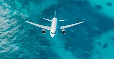 Haut vers le bas vue de blanc avion en volant plus de bleu mer, océan, voyage, vacances concept - ai généré image photo