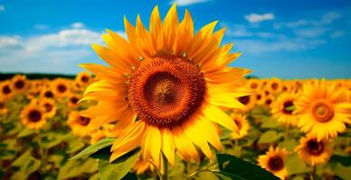 champ de tournesols dans floraison, chaud ensoleillé été, panoramique brillant Contexte - ai généré image photo