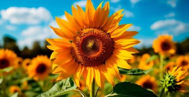 champ de tournesols dans floraison, chaud ensoleillé été, panoramique brillant Contexte - ai généré image photo