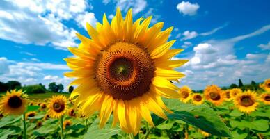 champ de tournesols dans floraison, chaud ensoleillé été, panoramique brillant Contexte - ai généré image photo