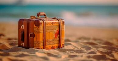 été Voyage et tourisme, brillant valise sur une magnifique sablonneux plage. vacances Voyage - ai généré image photo