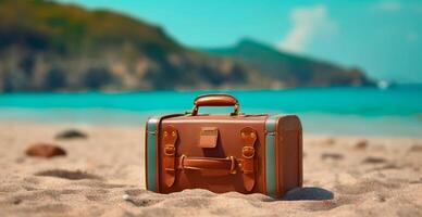 été Voyage et tourisme, brillant valise sur une magnifique sablonneux plage. vacances Voyage - ai généré image photo