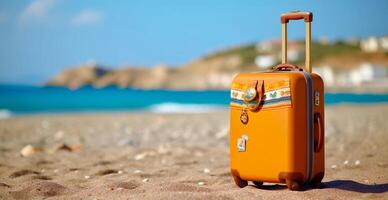 été Voyage et tourisme, brillant valise sur une magnifique sablonneux plage. vacances Voyage - ai généré image photo