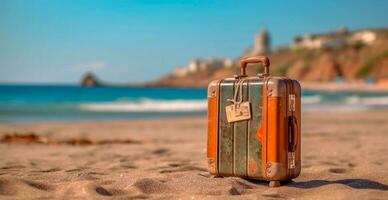 été Voyage et tourisme, brillant valise sur une magnifique sablonneux plage. vacances Voyage - ai généré image photo