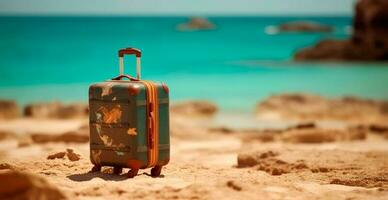 été Voyage et tourisme, brillant valise sur une magnifique sablonneux plage. vacances Voyage - ai généré image photo