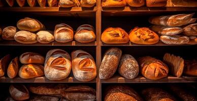 Frais cuit pain sur boulangerie vitrine, blé des produits - ai généré image photo