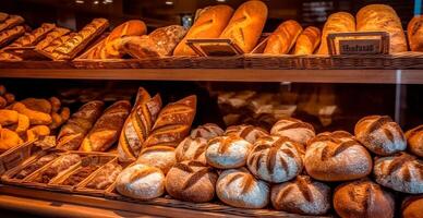 Frais cuit pain sur boulangerie vitrine, blé des produits - ai généré image photo