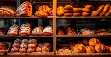 Frais cuit pain sur boulangerie vitrine, blé des produits - ai généré image photo