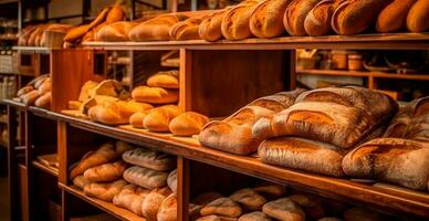 Frais cuit pain sur boulangerie vitrine, blé des produits - ai généré image photo