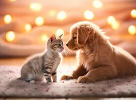 mignonne chiot et chat. illustration ai génératif photo