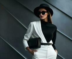 Jeune élégant femme dans un tenue, dans le style de Urbain minimalisme illustration ai génératif photo
