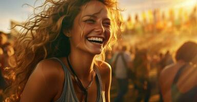 mignonne femme souriant à le foule à une la musique Festival illustration ai génératif photo