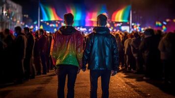 Hommes couple à nuit de fierté parade. concept de lgbt fierté. ai généré photo