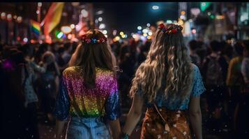 fille couple à nuit de fierté parade. concept de lgbt fierté. ai généré photo