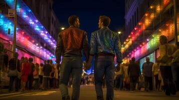 Hommes couple à nuit de fierté parade. concept de lgbt fierté. ai généré photo