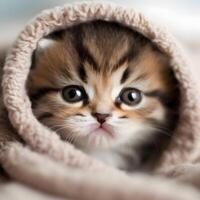 mignonne chaton chat caché en dessous de le couverture. ai généré photo