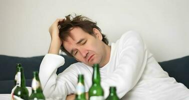 homme Souffrance gueule de bois après en buvant alcool. ai généré. photo