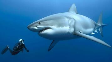 gros requin et plongeur à Profond océan. sous-marin aventure. ai généré photo