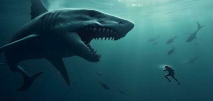 démon requin Aller à capture plongeur à Profond océan. aventure à mer. ai généré photo