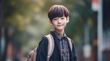 asiatique étudiant garçon avec sac à dos souriant. concept de retour à école. ai généré photo