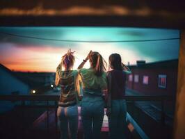 Trois fille copains partager joyeux moment et bonheur à le coucher du soleil. ai généré photo