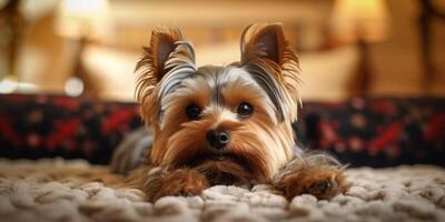 mignonne Yorkshire terrier mensonge sur le lit - ai génératif photo