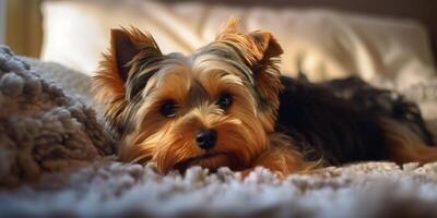 mignonne Yorkshire terrier mensonge sur le lit - ai génératif photo