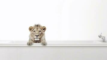 une Lion dans une baignoire avec une blanc Contexte - génératif ai photo