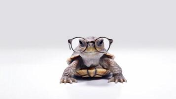 une tortue portant des lunettes est montré avec une blanc Contexte. - génératif ai photo