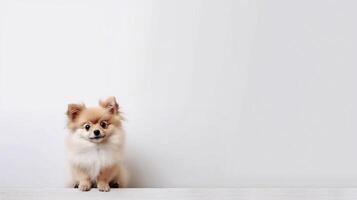 une chiot cette est séance vers le bas avec ses tête en haut sur blanc Contexte - génératif ai photo