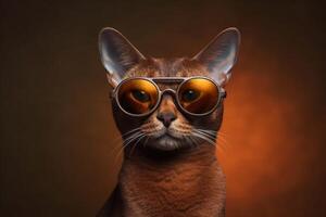 portrait de une Jeune abyssinien chat portant marron des lunettes de soleil. génératif ai photo