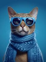 portrait de une chat dans bleu des lunettes de soleil et écharpe sur bleu Contexte. génératif ai photo