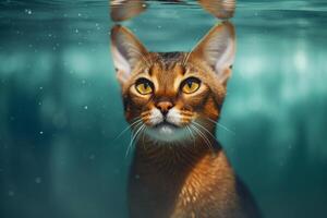 portrait de abyssinien chat à la recherche à caméra tandis que nager dans l'eau - génératif ai photo