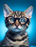 Bengale chat avec des lunettes sur bleu Contexte. génératif ai photo